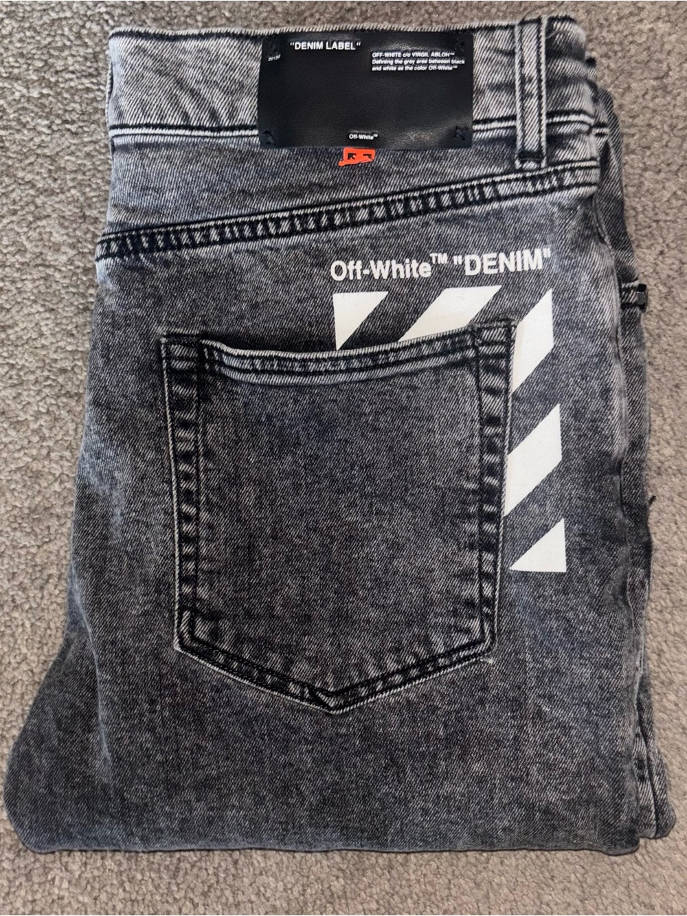 Off-White Gray Acid-Wash Slim Jeans with White Diagonal Graphic